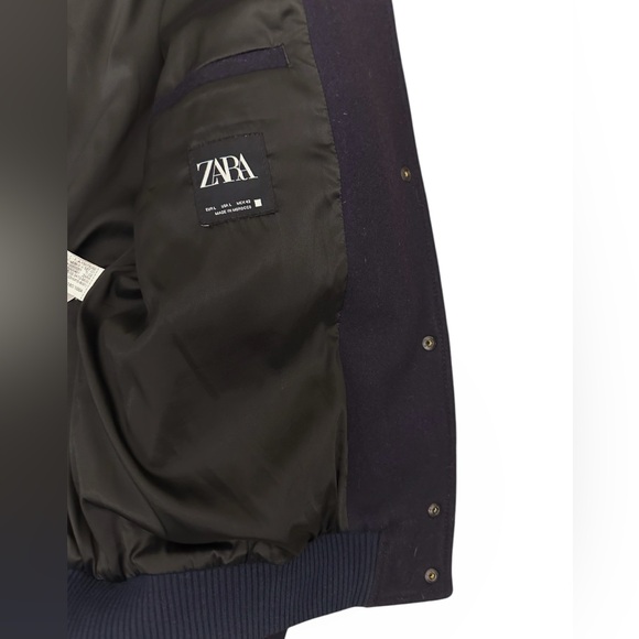Zara Varsity Wool Bomber Jacket Dark Navy Size L - Picture 11 of 15